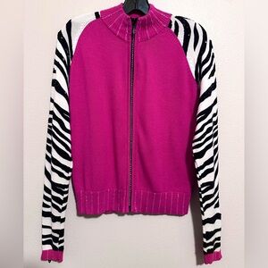 berek Fuchsia Zip Front Sweater with Black & White Zebra Sleeves